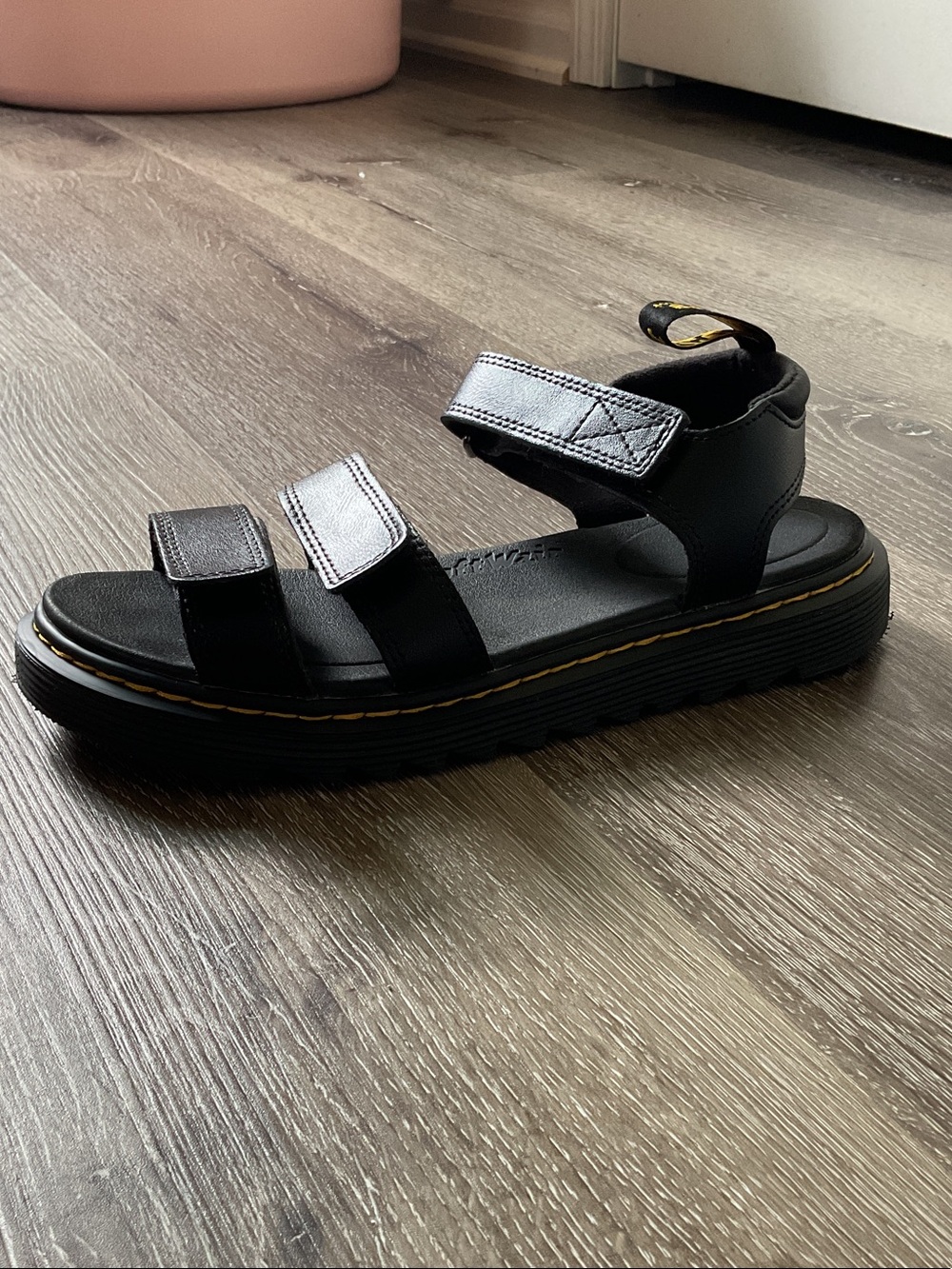 Dr. Martens Klaire Y Black Leather Platform Sandals with Yellow Stitching - Picture 6 of 7